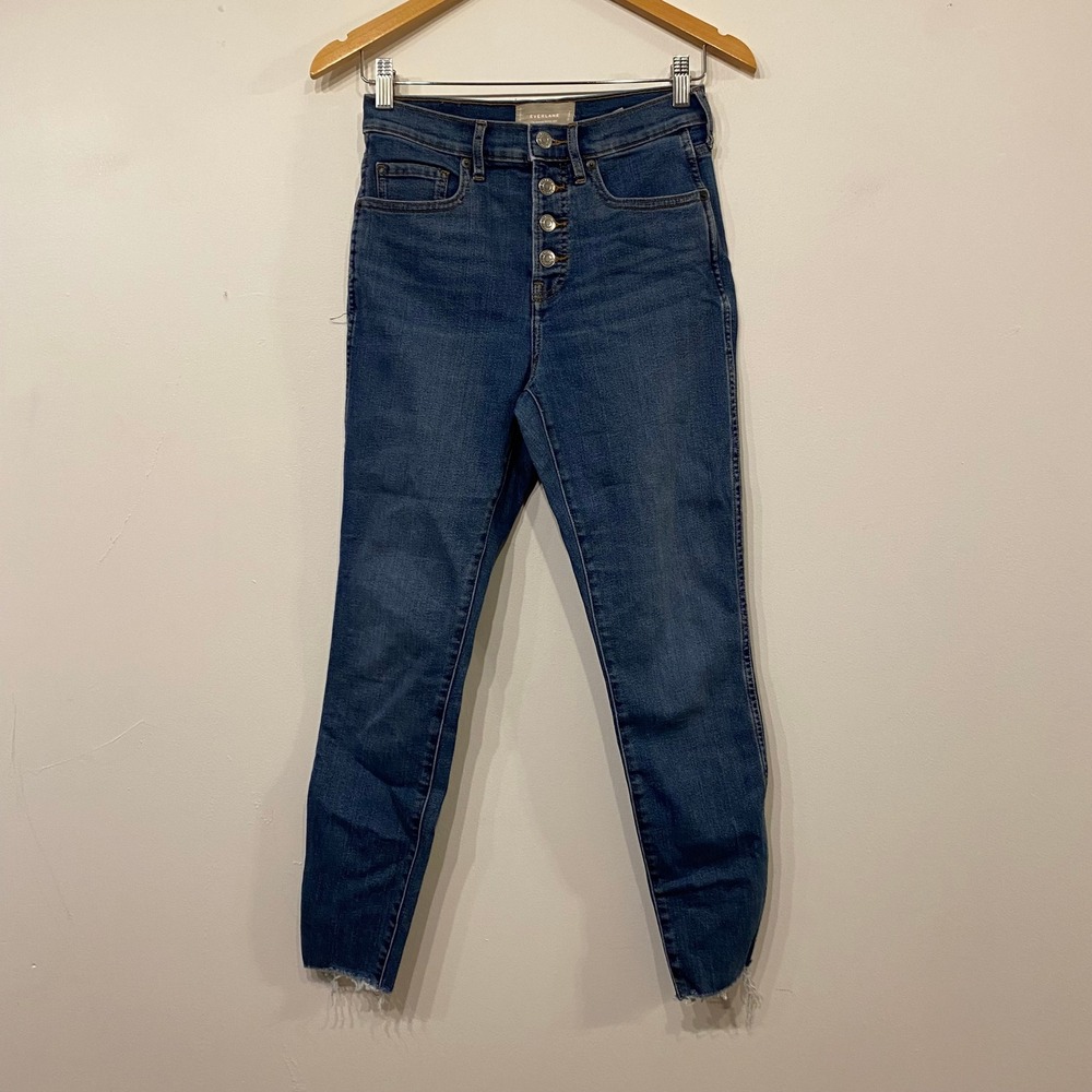 Everlane The Vintage Skinny Jean High Rise Button Fly Ankle Raw Hem Blue Size 26